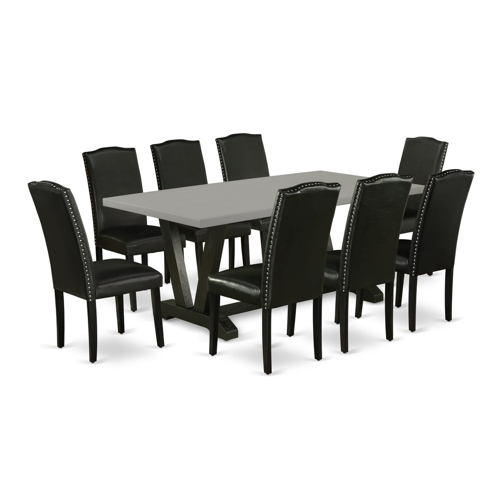 V697EUQVP-1 9-Piece Dining Ensemble with Modern V-Leg Table and 8 Faux Leather Parsons Chairs, Multicolor