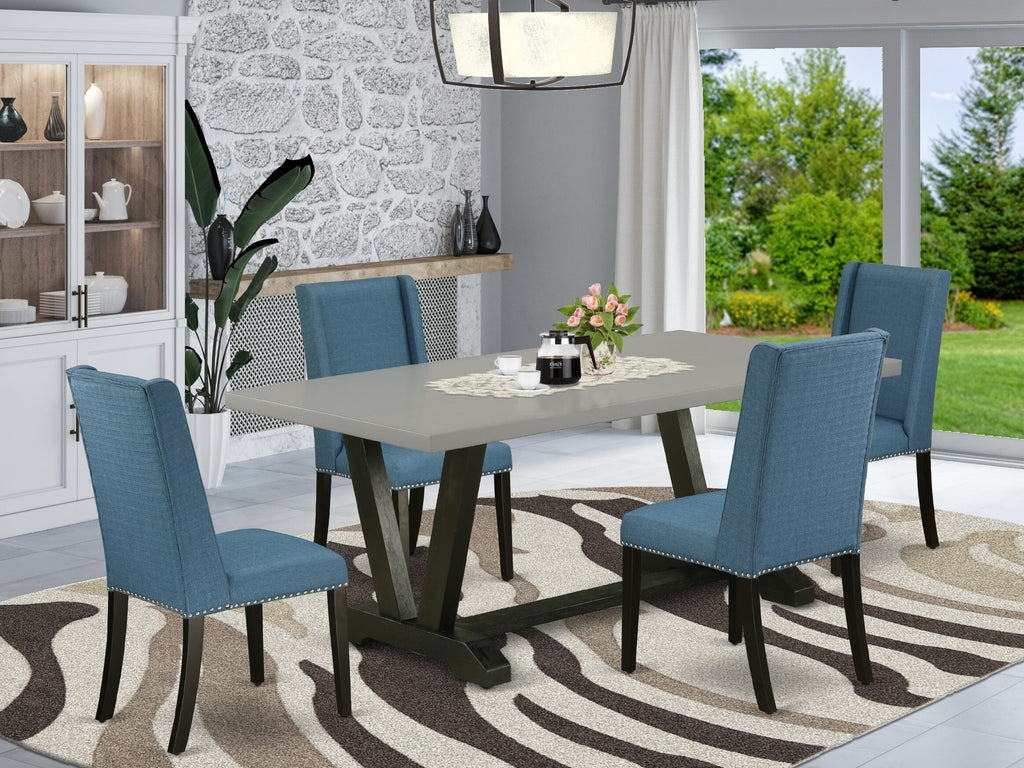V697FKMXS-9 & Vibrant 5 Piece Set Chic Table with V-Leg Design and 4 Blue Upholstered Chairs, Rectangular 40x72 Inches, Colorful Elegance for Dining