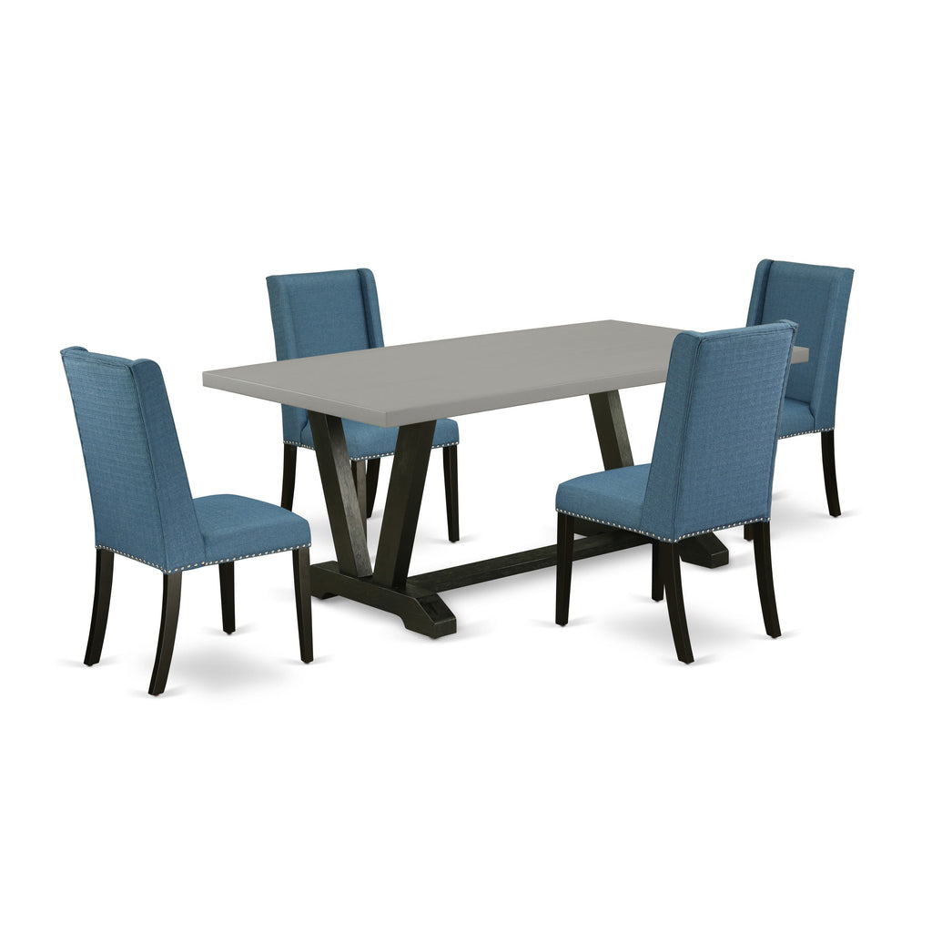 V697FKMXS-9 & Vibrant 5 Piece Set Chic Table with V-Leg Design and 4 Blue Upholstered Chairs, Rectangular 40x72 Inches, Colorful Elegance for Dining