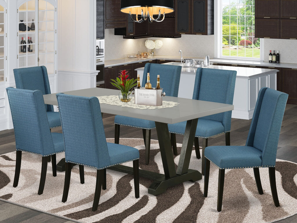 V697FRI91-7 Dining Ensemble Seven-Piece Set with Rectangular Table & V-Leg Design Plus Six Blue Linen Upholstered Chairs, Multi-Color, 40x72 Inches