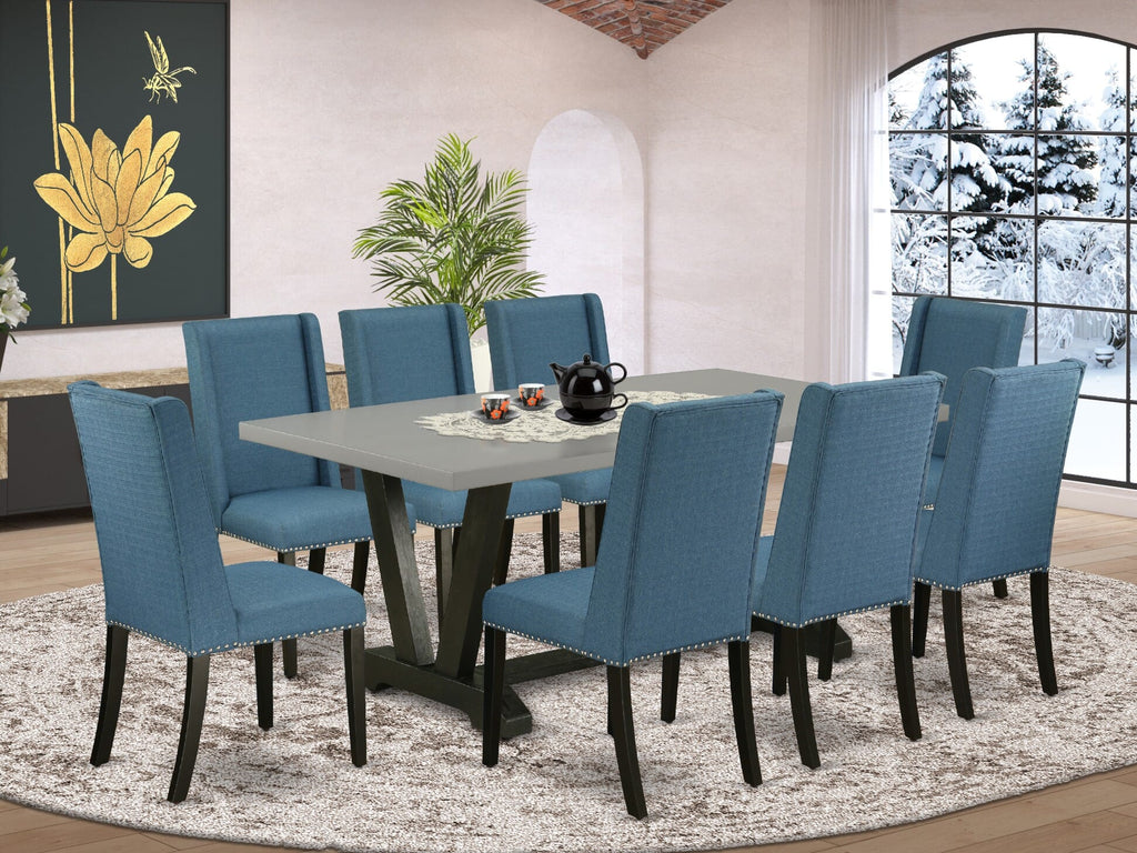 Fusion V697FLB5Q-X 9-Piece Rectangle Dining Set with Stylish V-Legs and Sleek Blue Linen Chairs