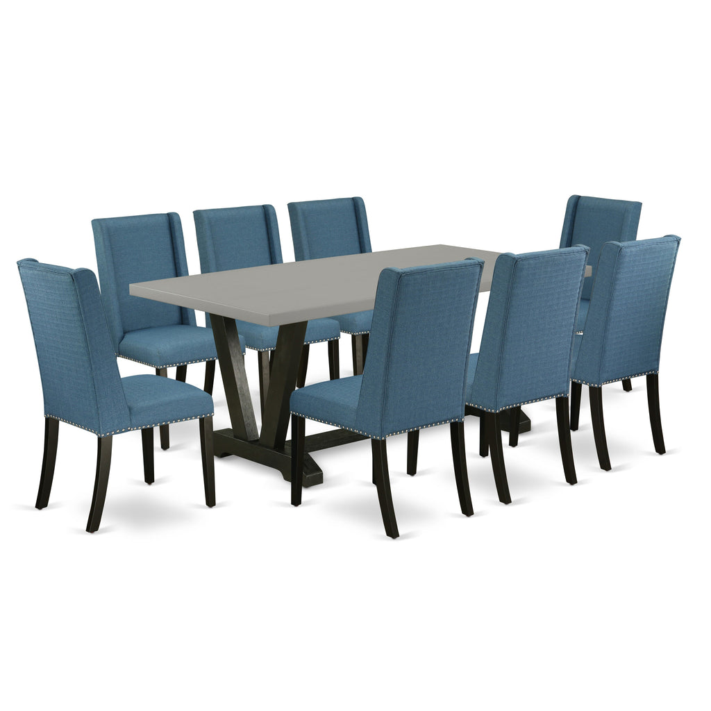 Fusion V697FLB5Q-X 9-Piece Rectangle Dining Set with Stylish V-Legs and Sleek Blue Linen Chairs