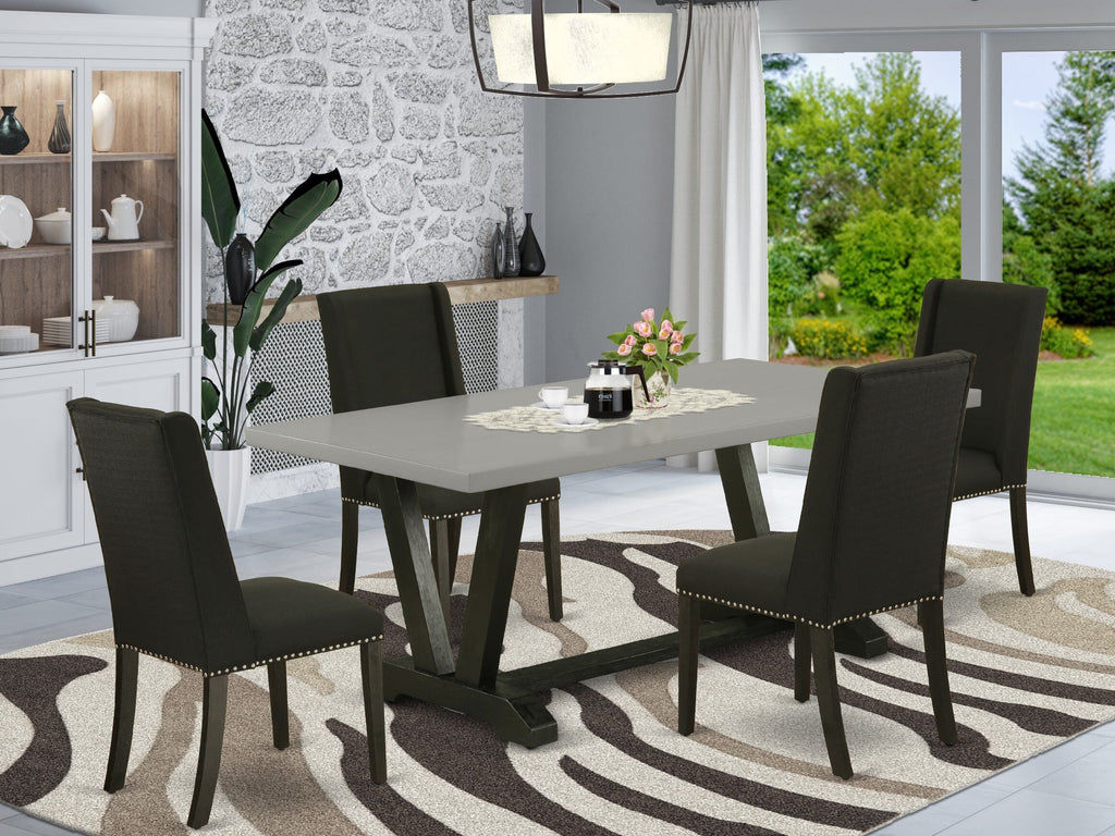 V697FZ3JD-5 Stylish 5 Piece Dining Set Featuring a Rectangular Table with Unique V-Legs and 4 Elegant Black Fabric Chairs, Size 40x72 Inch, Multi-Color Design for Modern Homes