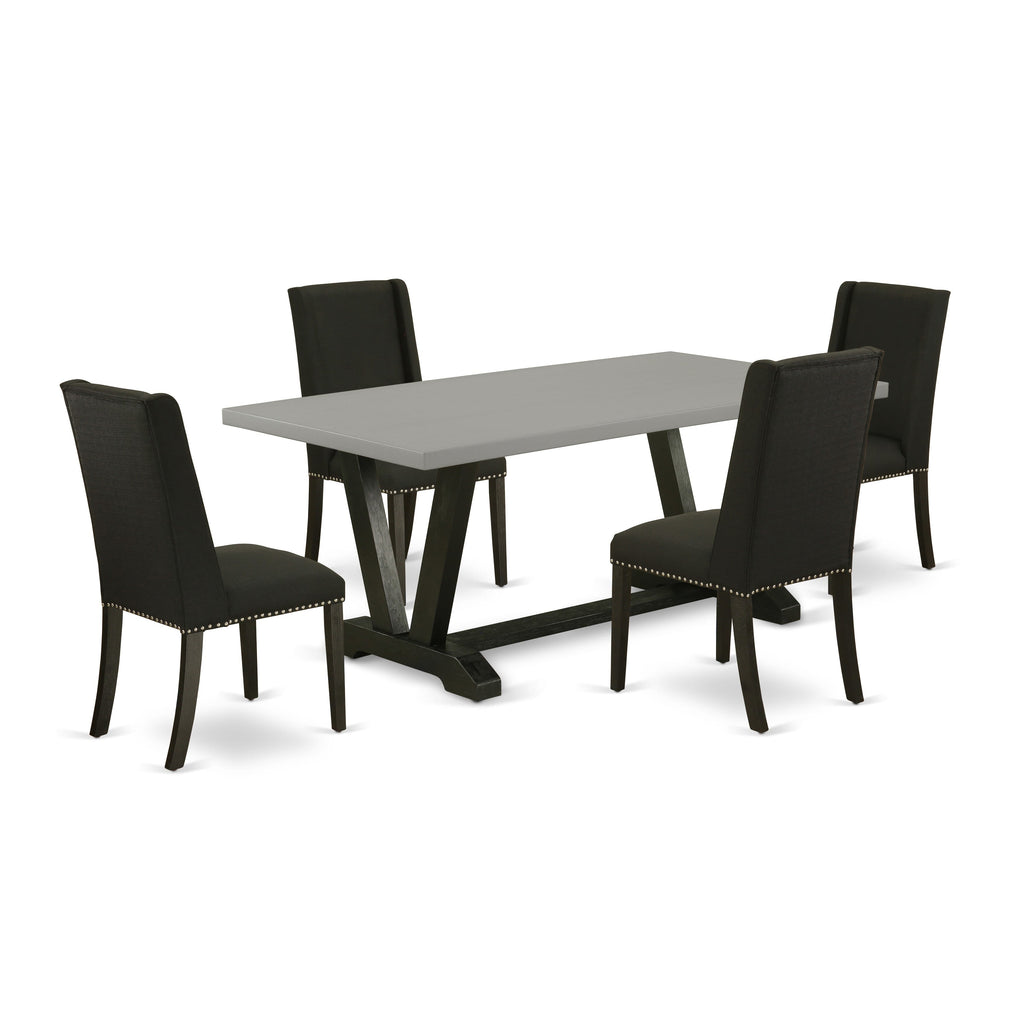 V697FZ3JD-5 Stylish 5 Piece Dining Set Featuring a Rectangular Table with Unique V-Legs and 4 Elegant Black Fabric Chairs, Size 40x72 Inch, Multi-Color Design for Modern Homes