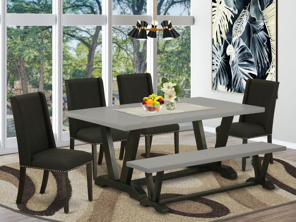 V697F6Z5E-B Deluxe 6 Pc Dining Collection with V-Foot Table & Black Upholstered Chairs plus Bench, Multi Hues