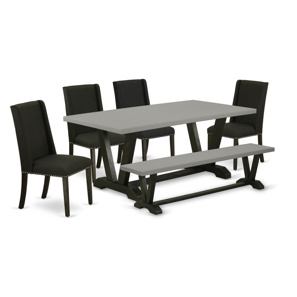 V697F6Z5E-B Deluxe 6 Pc Dining Collection with V-Foot Table & Black Upholstered Chairs plus Bench, Multi Hues