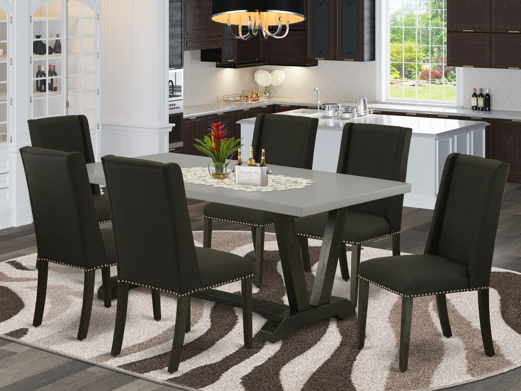 V697FCR5H-K Modern 7-Piece Dining Ensemble with V-Leg Rectangle Table & 6 Black Linen Chairs