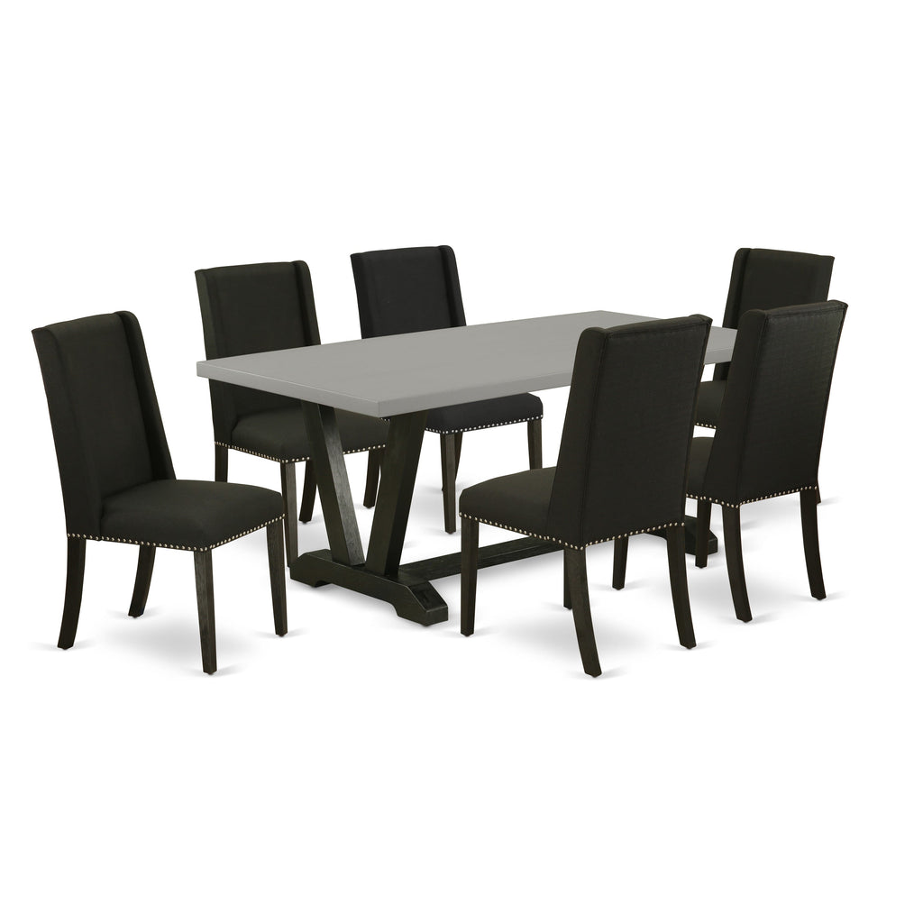 V697FCR5H-K Modern 7-Piece Dining Ensemble with V-Leg Rectangle Table & 6 Black Linen Chairs