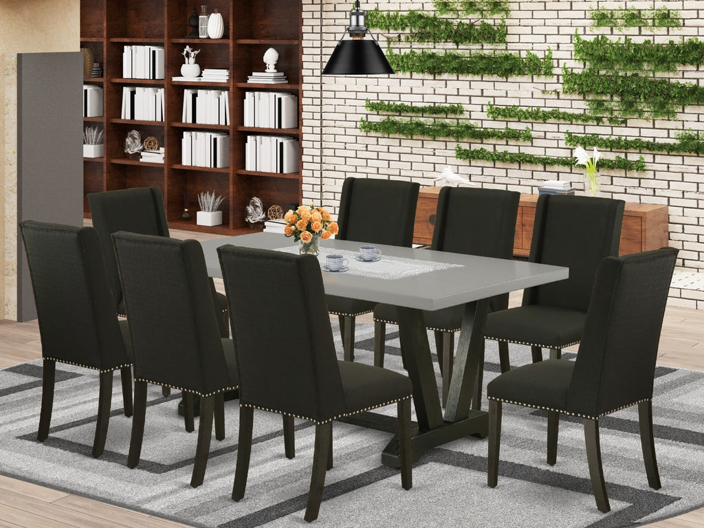 V697F0VL3-H 9-Piece Dining Ensemble Elegant Table with V-Legs & 8 Parson Chairs in Black Linen, Multicolor, 40x72