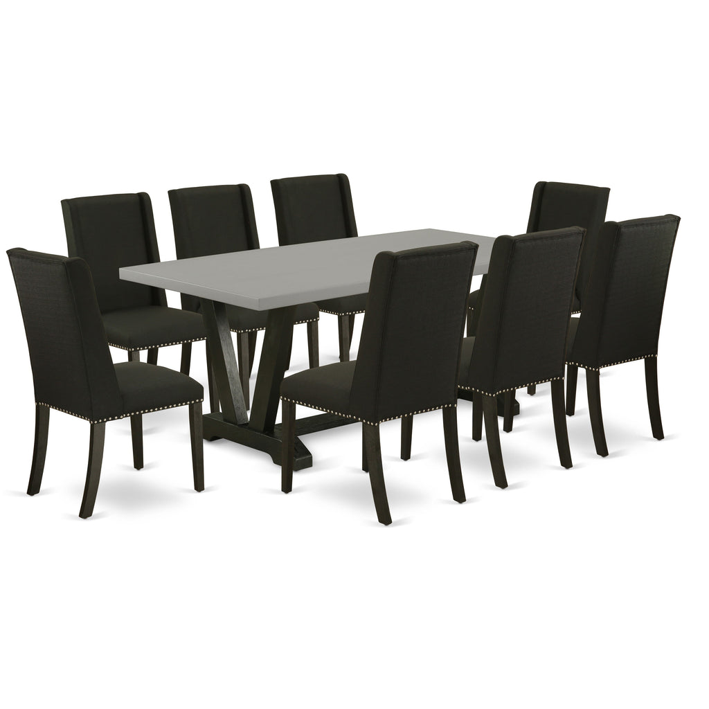 V697F0VL3-H 9-Piece Dining Ensemble Elegant Table with V-Legs & 8 Parson Chairs in Black Linen, Multicolor, 40x72