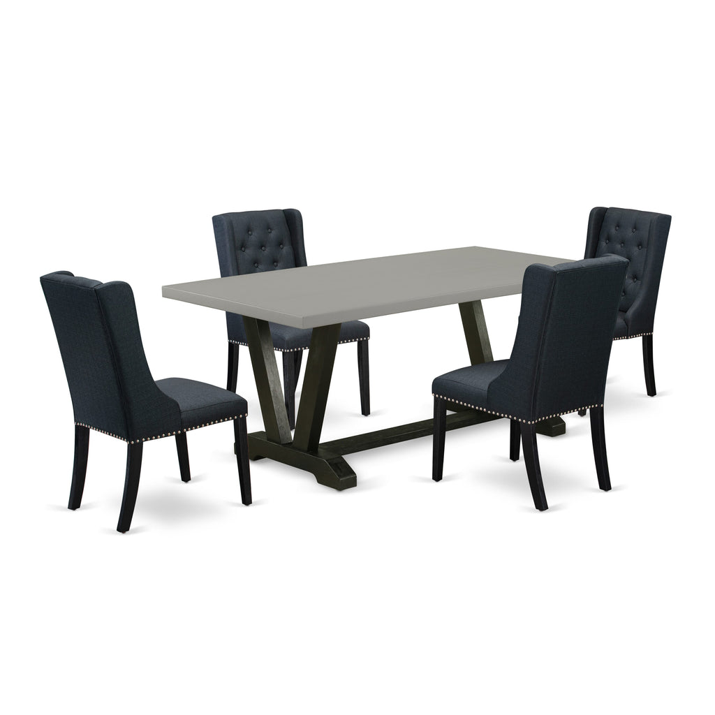 5 Piece Dining Ensemble with V697FYNYB-H V-Leg Table and Black Parson Chairs, Rectangular, Multi-Color