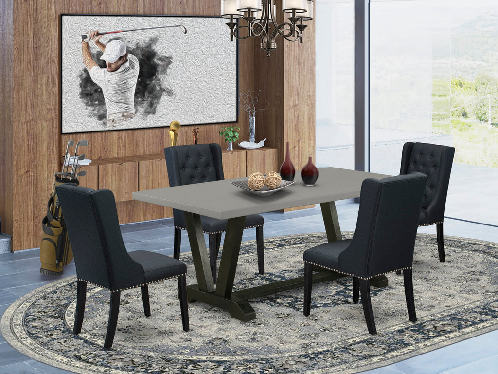 5 Piece Dining Ensemble with V697FYNYB-H V-Leg Table and Black Parson Chairs, Rectangular, Multi-Color