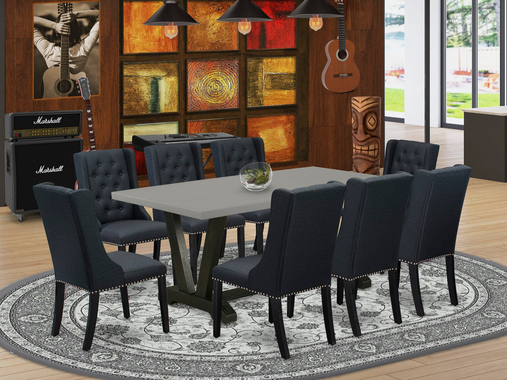 Luxurious 9 Piece V697FBUFW-S Dining Set with V-Legged Rectangle Table and 8 Linen Chairs