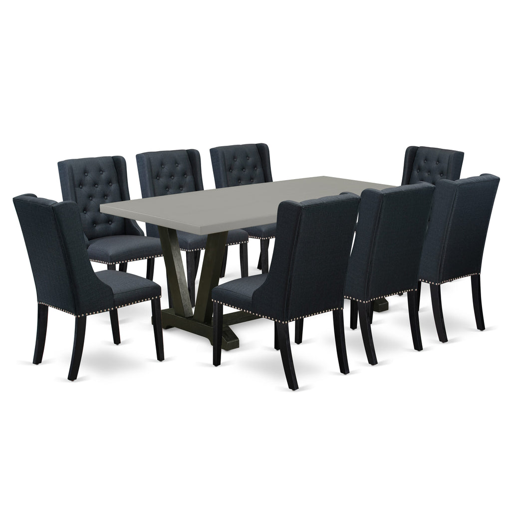 Luxurious 9 Piece V697FBUFW-S Dining Set with V-Legged Rectangle Table and 8 Linen Chairs