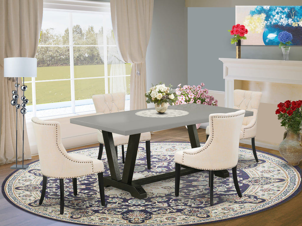 V697FFVNL-Q Elegant 5-Piece Dining Set Featuring Rectangular Table with V-Legs and Light Beige Chairs, Multi-Color