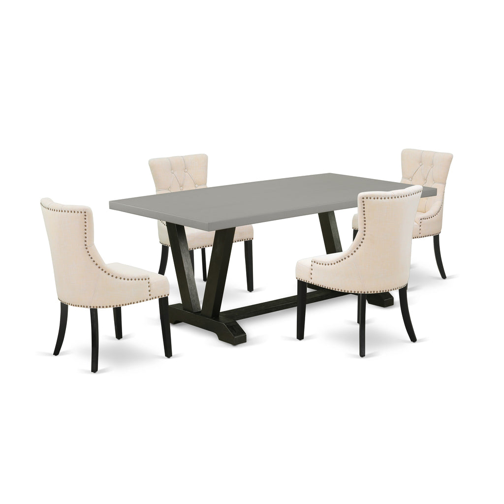 V697FFVNL-Q Elegant 5-Piece Dining Set Featuring Rectangular Table with V-Legs and Light Beige Chairs, Multi-Color