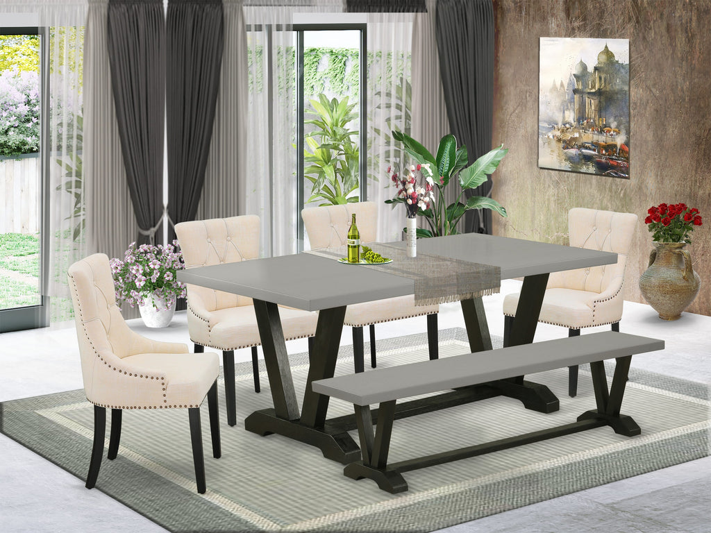 V697F4RCW-K Deluxe 6 Piece Dining Ensemble with V-Style Table and Beige Chairs with Bench, 40 by 72 Inches, Multi-Hue