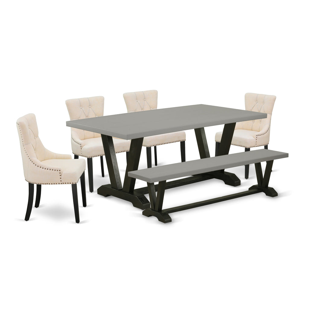 V697F4RCW-K Deluxe 6 Piece Dining Ensemble with V-Style Table and Beige Chairs with Bench, 40 by 72 Inches, Multi-Hue