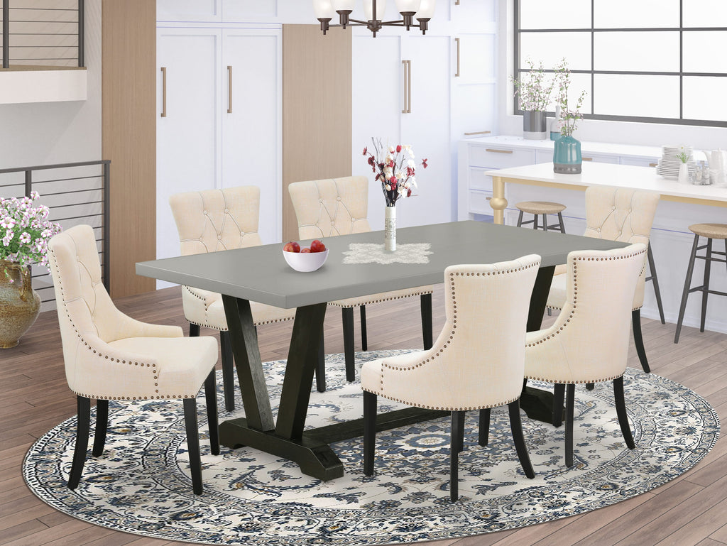 V697F6KUT-7 Dining Set V-Leg Table & 6 Light Beige Linen Upholstered Chairs, 40x72 in, Multi-Color