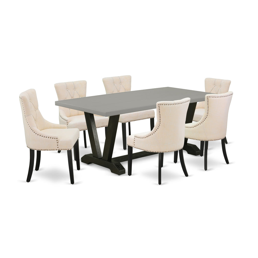 V697F6KUT-7 Dining Set V-Leg Table & 6 Light Beige Linen Upholstered Chairs, 40x72 in, Multi-Color