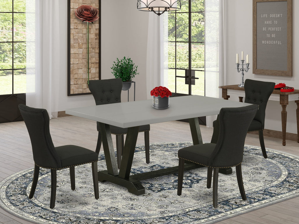 V697GOVQR-1 5 piece dining ensemble with rectangular table and V-legs, paired with 4 black linen Parsons chairs for versatile elegance