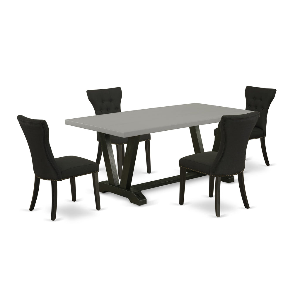 V697GOVQR-1 5 piece dining ensemble with rectangular table and V-legs, paired with 4 black linen Parsons chairs for versatile elegance
