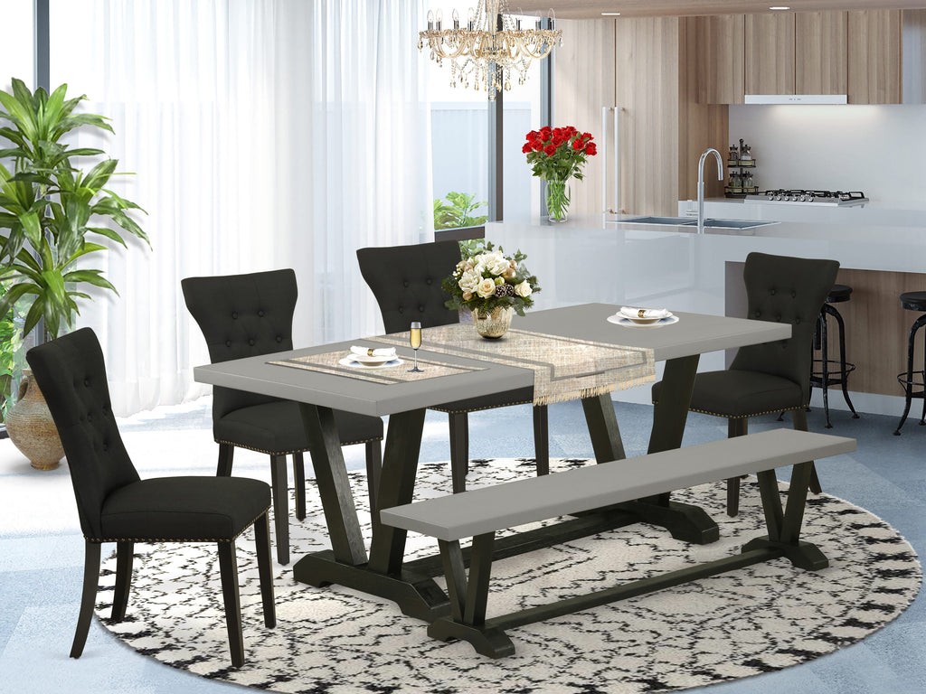 V697GJGRU-C 6 Piece Dining Set Rectangle Table with V-Legs, 4 Black Linen Chairs & Bench, 40x72