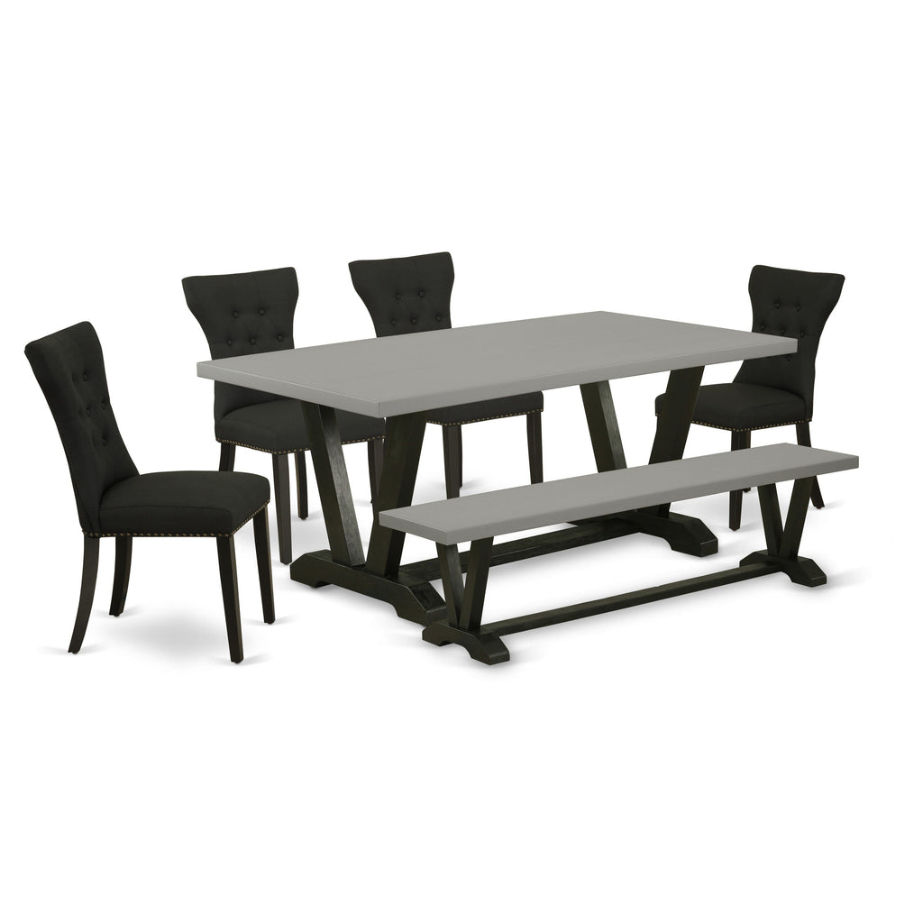 V697GJGRU-C 6 Piece Dining Set Rectangle Table with V-Legs, 4 Black Linen Chairs & Bench, 40x72