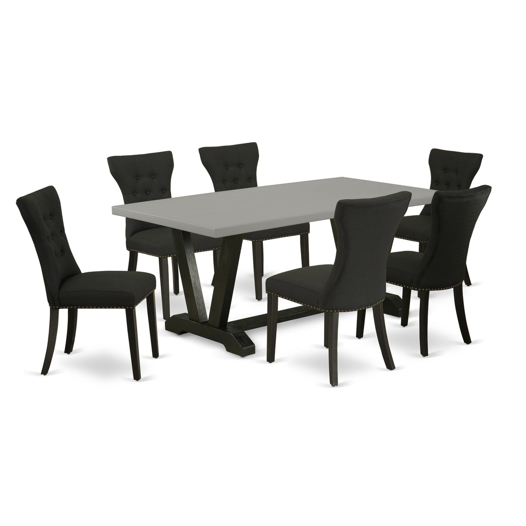 Dining Table Set V697GV5NY-E - 7-Piece Ensemble with V-Leg Table & 6 Black Parsons Chairs
