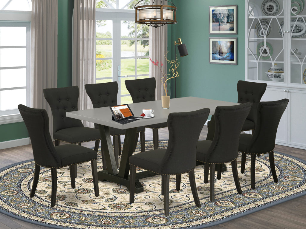 V697GMBEE-N 9-Piece Dining Table Set with V-Legs and 8 Black Linen Chairs, 40x72 inches, Multi-Color Design