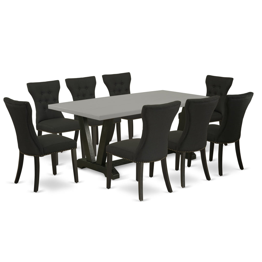 V697GMBEE-N 9-Piece Dining Table Set with V-Legs and 8 Black Linen Chairs, 40x72 inches, Multi-Color Design