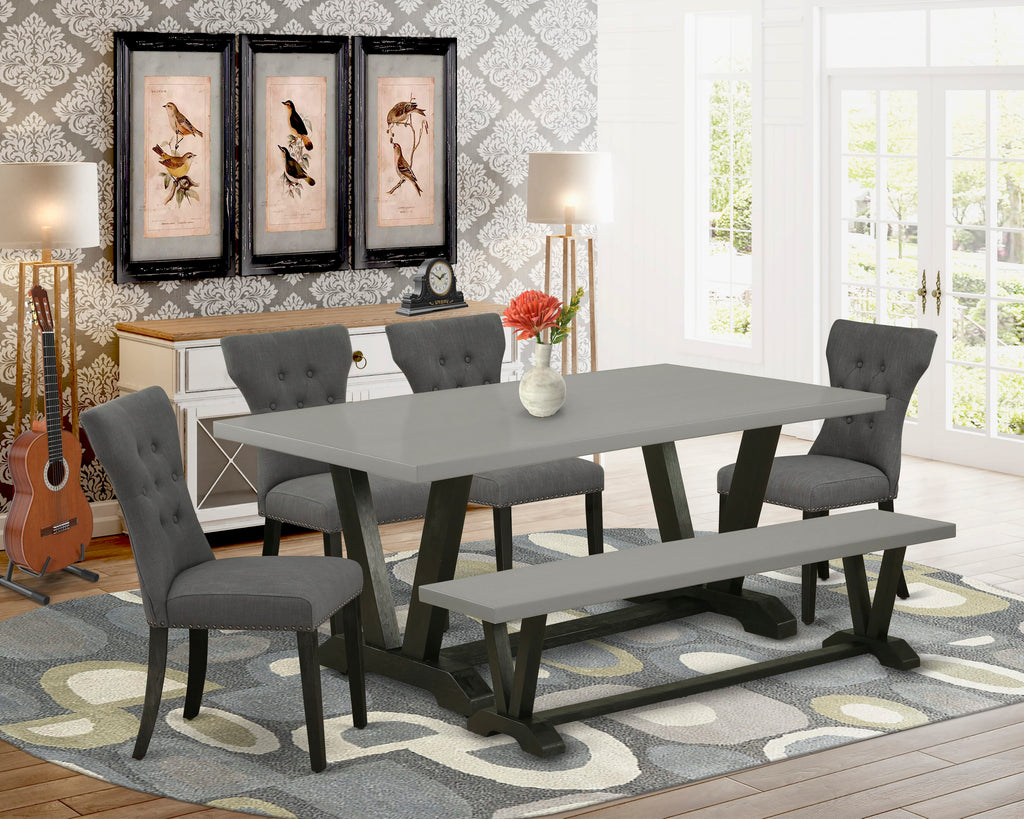 V697GZ8XR-U 6-Piece Dining Set with Rectangular Table, V-Leg Design, 4 Parson Chairs in Dark Gotham Linen & Bench, 40x72 Inch, Multi-Color