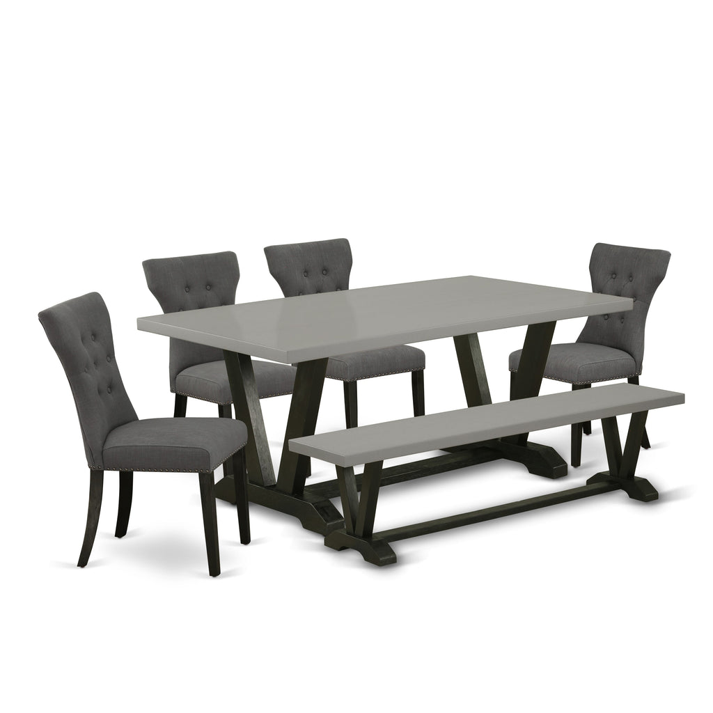V697GZ8XR-U 6-Piece Dining Set with Rectangular Table, V-Leg Design, 4 Parson Chairs in Dark Gotham Linen & Bench, 40x72 Inch, Multi-Color