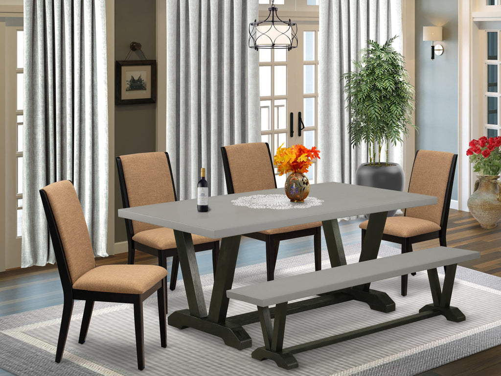 V697L54Z2-A 6-Piece Dining Set Rectangular V-Leg Table with Mixed Chairs & Bench in Light Sable Linen