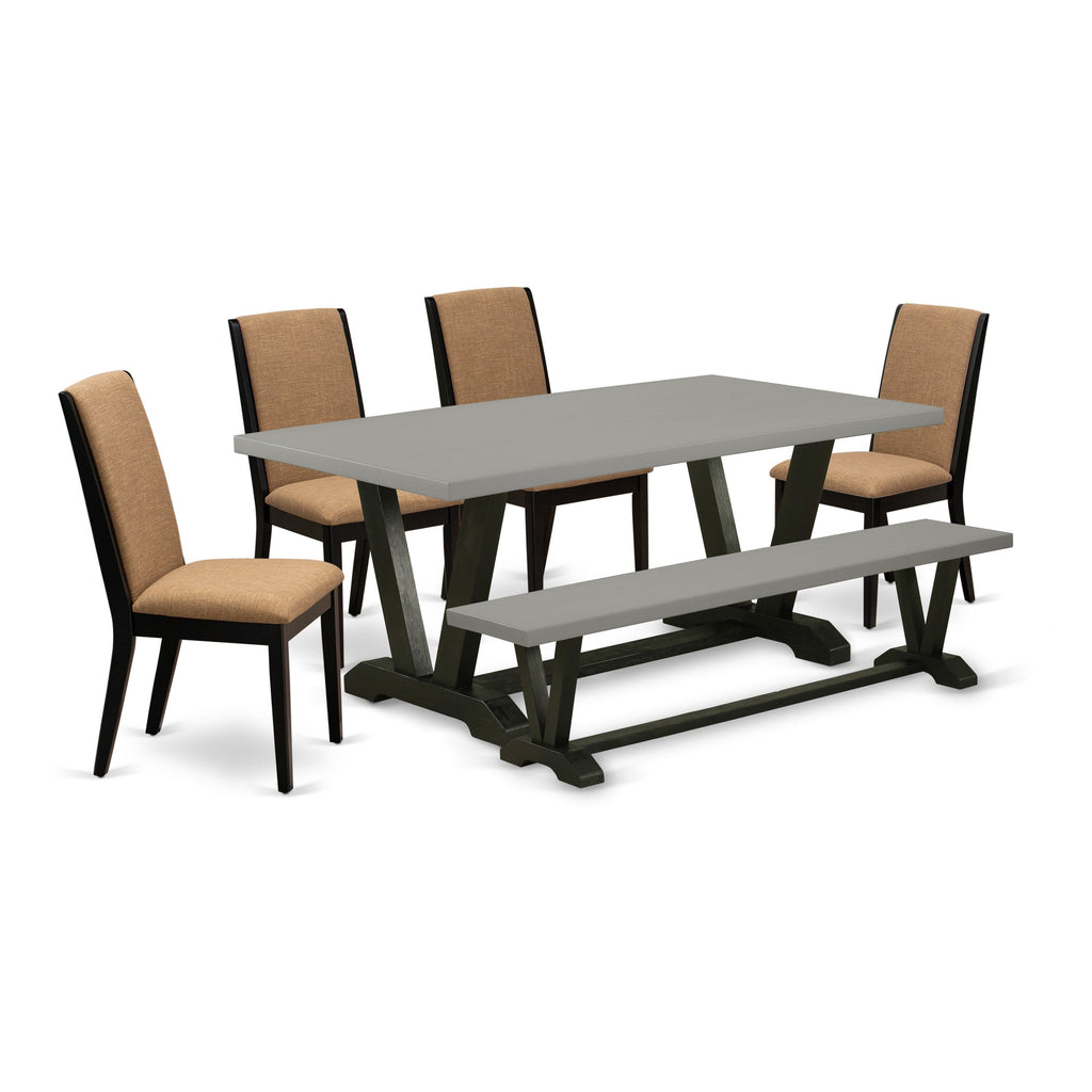 V697L54Z2-A 6-Piece Dining Set Rectangular V-Leg Table with Mixed Chairs & Bench in Light Sable Linen