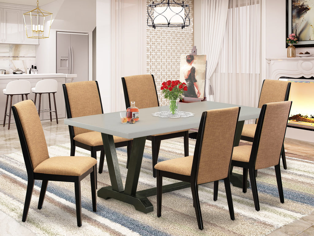 V697LSRUY-5 Seven-Piece Dining Ensemble with Rectangle V-Leg Table and Six Linen Parson Chairs, Multi-colored
