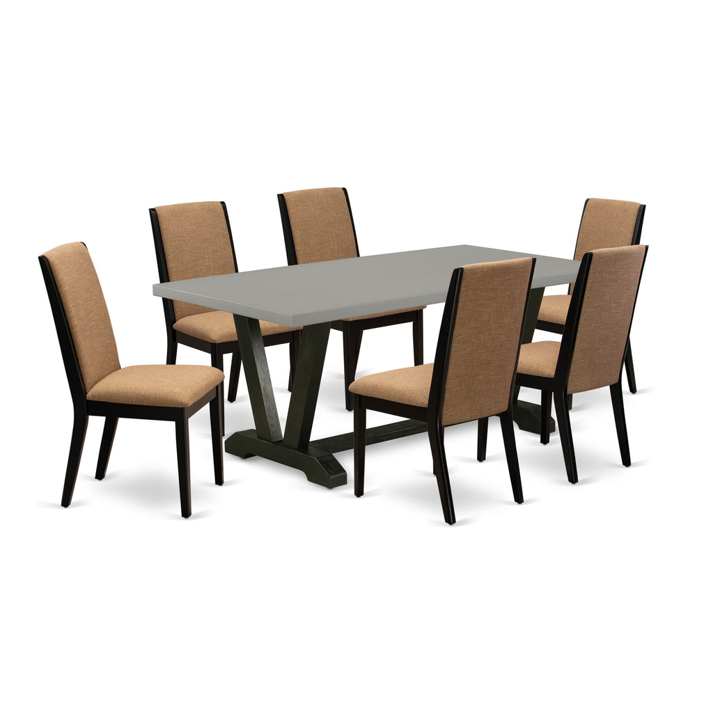 V697LSRUY-5 Seven-Piece Dining Ensemble with Rectangle V-Leg Table and Six Linen Parson Chairs, Multi-colored