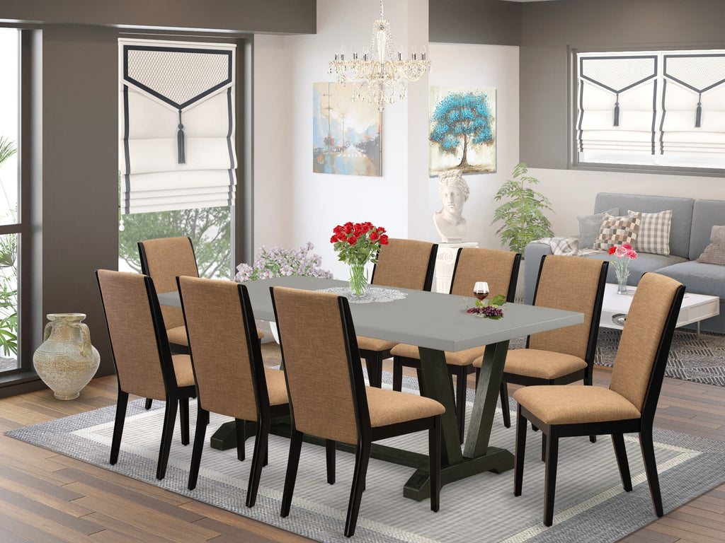 V697LMR52-Z 9-Piece Dining Set with Rectangular Table, V-Legs & 8 Linen Upholstered Chairs