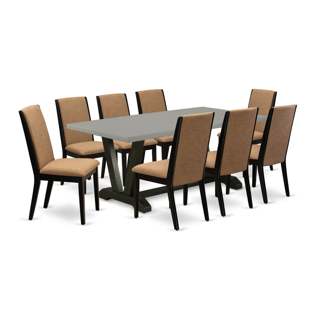V697LMR52-Z 9-Piece Dining Set with Rectangular Table, V-Legs & 8 Linen Upholstered Chairs