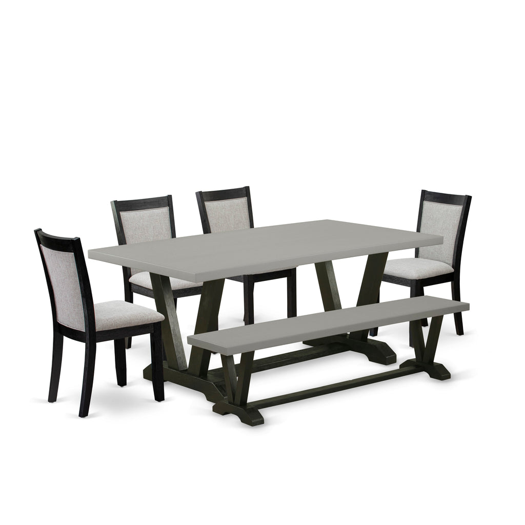 V697M0N3R-D 6-Piece Dining Ensemble with V-Leg Table & Shitake Linen Chairs, Bench Included - Multi-Color
