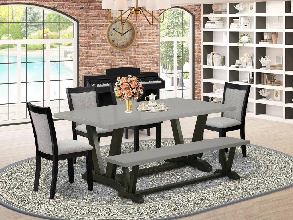 V697M0N3R-D 6-Piece Dining Ensemble with V-Leg Table & Shitake Linen Chairs, Bench Included - Multi-Color