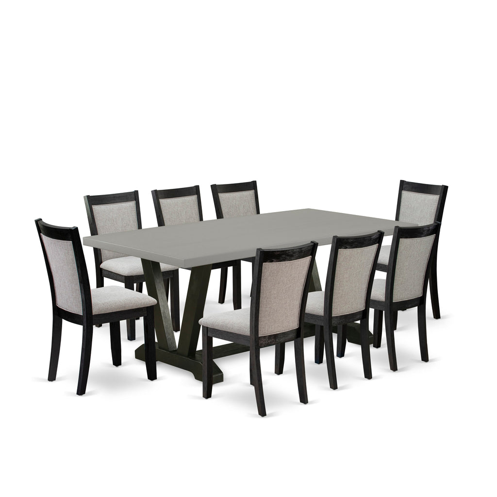 V697MIN5S-J Stylish 9 Piece Dining Set with V-Leg Table & Eight Comfortable Linen Upholstered Chairs
