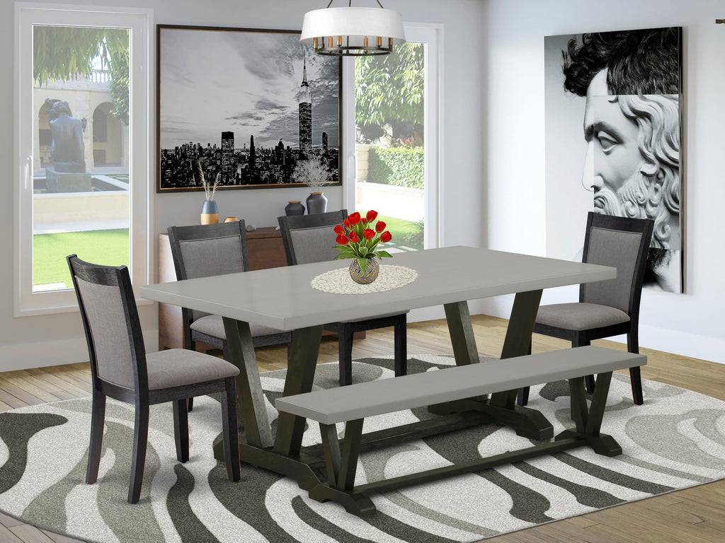 V697MNJJ7-6 6-Piece Dining Collection Rectangle Table, Dark Gotham Grey Fabric Chairs & Bench, 40x72 Inches