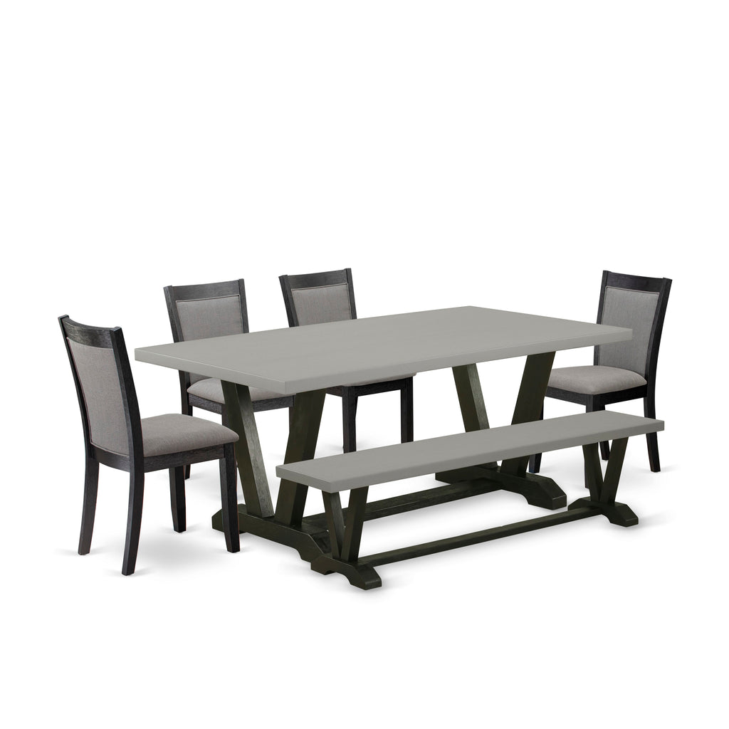V697MNJJ7-6 6-Piece Dining Collection Rectangle Table, Dark Gotham Grey Fabric Chairs & Bench, 40x72 Inches