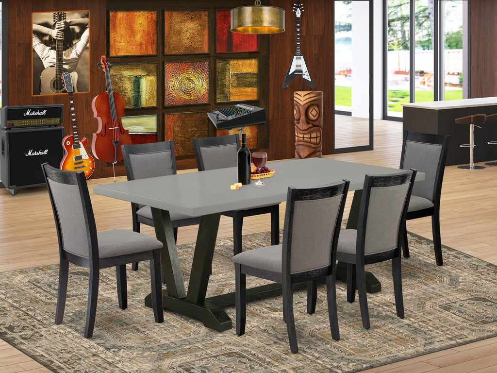 V697MDM2C-4 7-Piece Dining Ensemble Rectangle Table, V-Legs & 6 Gotham Grey Chairs, 40x72