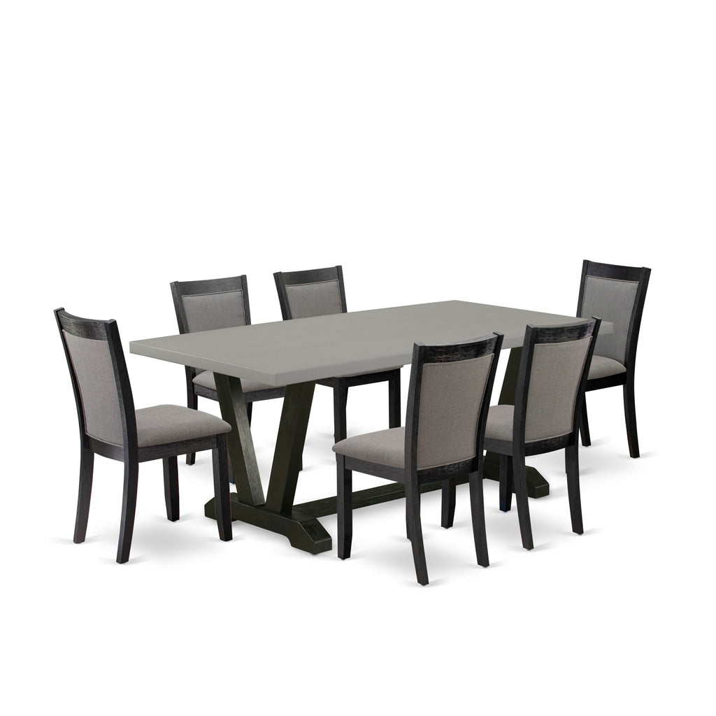 V697MDM2C-4 7-Piece Dining Ensemble Rectangle Table, V-Legs & 6 Gotham Grey Chairs, 40x72