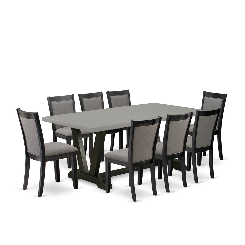V697MRB8M-O 9-Piece Dining Ensemble with Rectangle Table & 8 Grey Fabric Chairs, Multi-Color Design