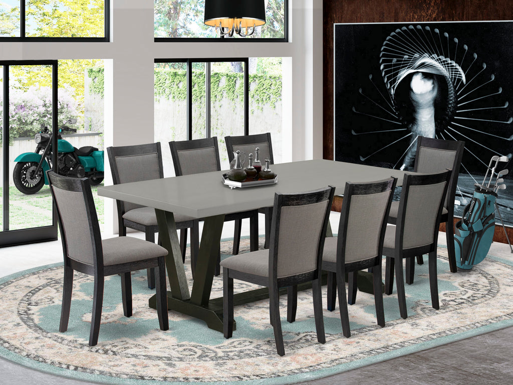 V697MRB8M-O 9-Piece Dining Ensemble with Rectangle Table & 8 Grey Fabric Chairs, Multi-Color Design