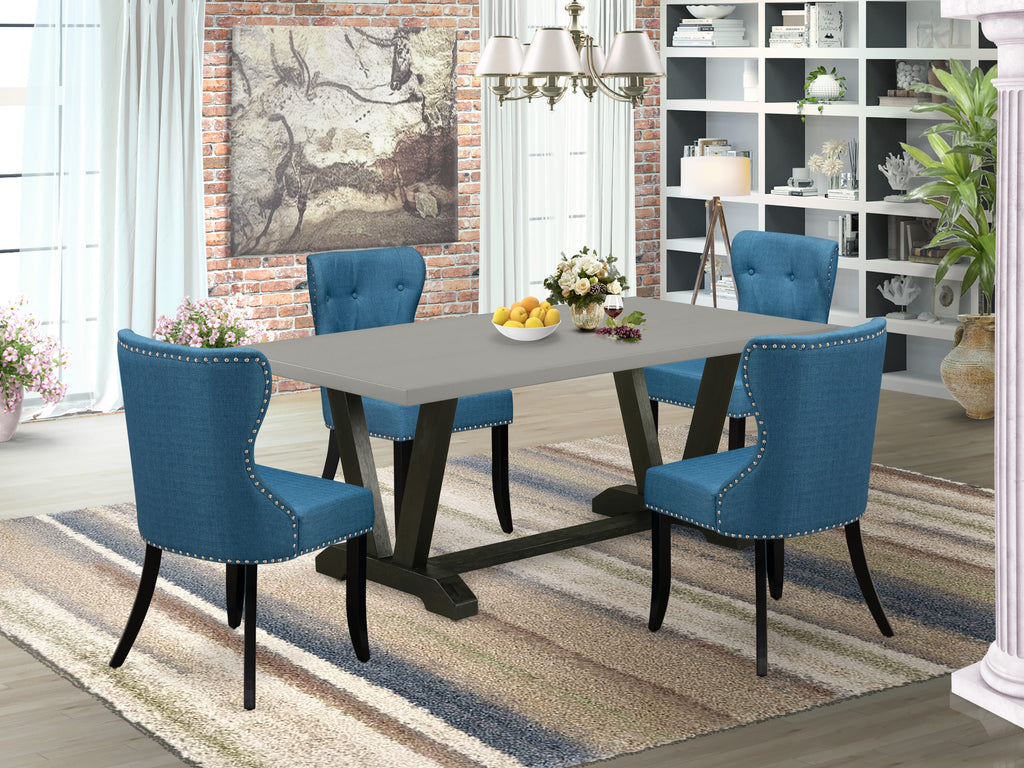 V697SGA1Q-Q Contemporary 5 Pc Dining Table Arrangement - Rectangle Table with V-Legs and Blue Upholstered Chairs, Multi-Toned Design