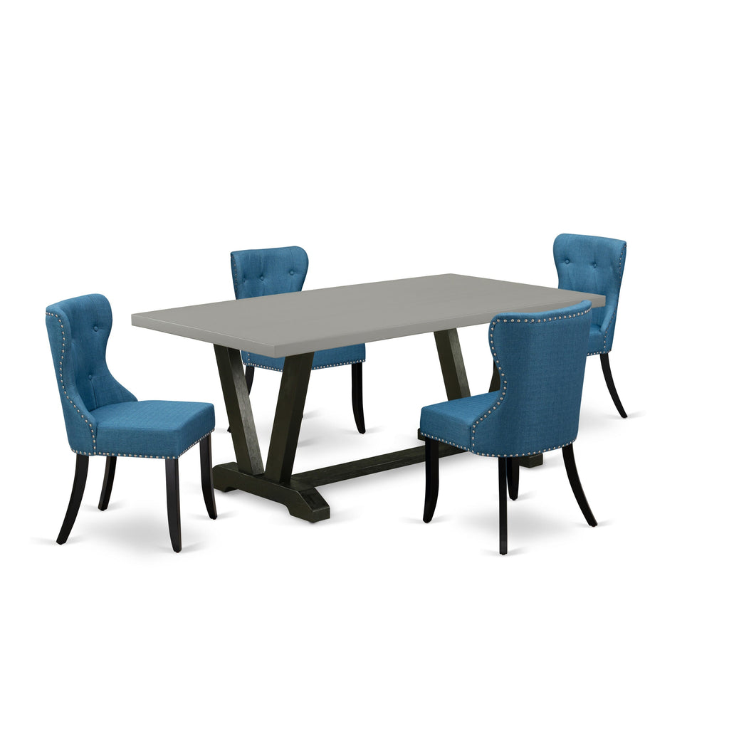 V697SGA1Q-Q Contemporary 5 Pc Dining Table Arrangement - Rectangle Table with V-Legs and Blue Upholstered Chairs, Multi-Toned Design